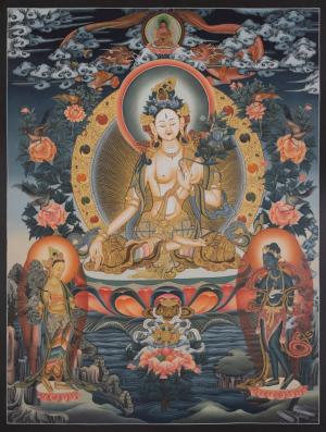 White Tara Thanka | 71x53 CMS Medium Size Fine Quality Original Female Bodhisattva Hand-Painted Tibetan Art